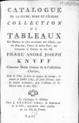 Frontispice du catalogue de vente de la collection de tableaux de Pierre André Joseph Knyff,  vente du lundi 18 juillet 1785, à Anvers, rédigé par J. Grange, 1785. 