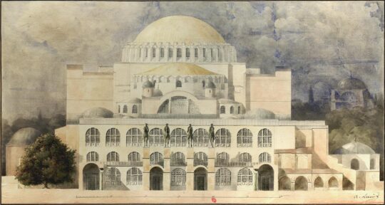 Albert Lenoir, Façade de l’église de Sainte-Sophie, aquarelle, s. d., bibliothèque de l’INHA, OA 716 (18, 98). Cliché INHA