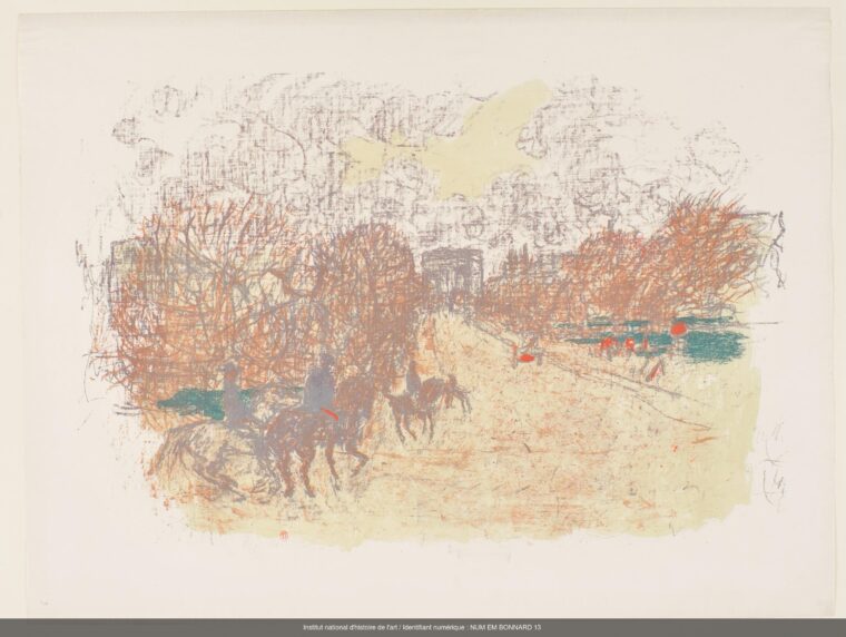 Pierre Bonnard (1867-1947), « L’Arc de Triomphe », dans Quelques aspects de la vie de Paris, 1899, lithographie, épreuve 9/100. Paris, bibliothèque de l’INHA, EM BONNARD 13.