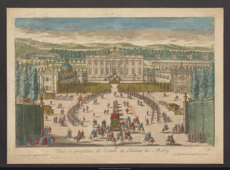 Nicolas de Poilly (1707-1780), Vue et perspective de l’entrée du château de Marly, s. d., [1679-1696], eau-forte coloriée. Paris, bibliothèque de l’INHA, VO FRA (M6).