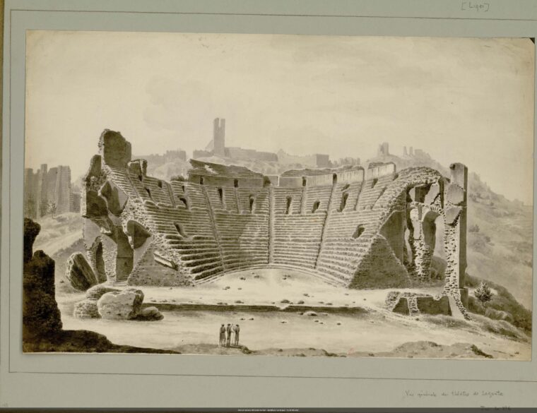 François Liger (1757-?), Vue générale du théâtre de Sagonte, [v. 1800], mine de plomb, plume et lavis sur papier. Paris, bibliothèque de l’INHA, Ms 463 (185).