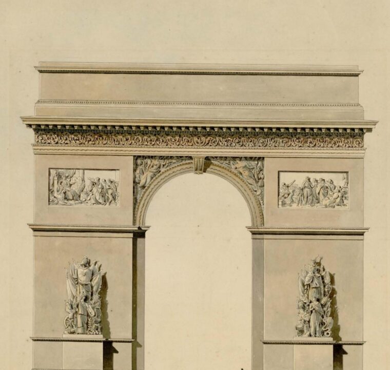 Jean-François Chalgrin (1739-1811), Projet pour l’arc de triomphe de l’Étoile [coupe et élévation], [1809], plume, lavis d'encre, couleur sur papier. Paris, bibliothèque de l’INHA, OA 1.