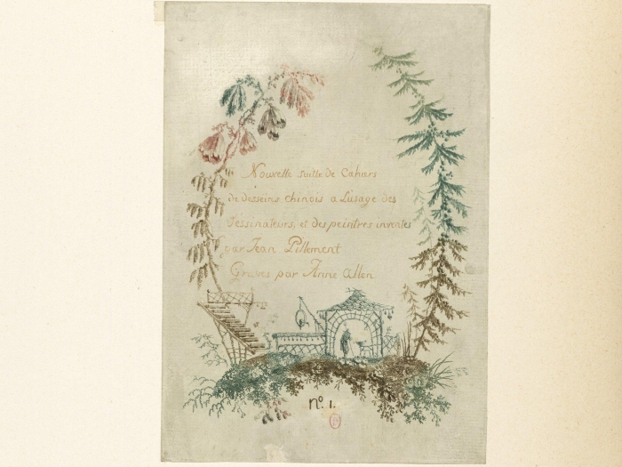 Gravure en couleurs représentant un paysage d'inspiration chinoise encadré de branches de sapins et de fleurs, avec le titre de l'ouvrage au centre. En bas, un petit pont, un escalier et une scène champêtre complètent l’illustration, avec la mention "N° 1" en bas à gauche.