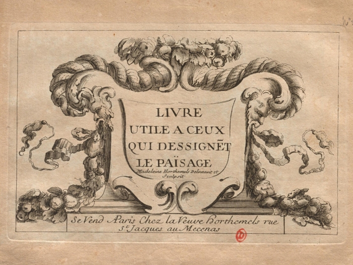Page de titre de l'ouvrage intitulé "Livre utile à ceux qui dessignent le païsage", encadré par des motifs rocaille et végétaux. Le texte indique que l’ouvrage se vend à Paris chez la Veuve Horthemels, rue Saint-Jacques au Mécénas. Le style est typique des gravures du XVIIIe siècle.