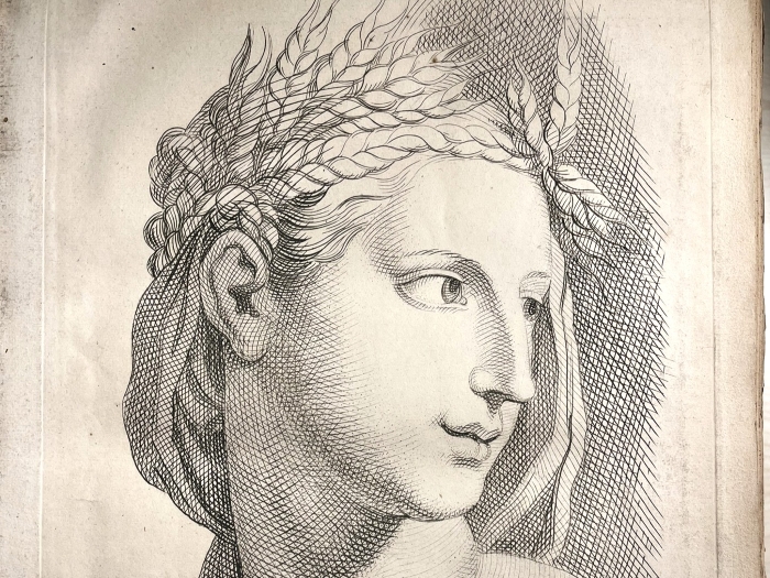 Une tête de femme gravée en noir et blanc, de trois quart vers la droite. Elle est couronnée d'épis de blé et d'un voile. Elle sourit légèrement.