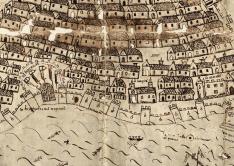 Plan en perspective de la ville d’Argel (dessin réalisé par des captifs), vers 1563, Ministère de la Cuture et des Sports, Archives générales de Simancas, n° inv. MPD, 07, 131 (détail).