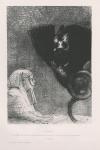 Le Sphinx : Mon regard, que rien ne peut dévier, demeure tendu à travers les choses sur un horizon inaccessible. La Chimère : Moi, je suis légère et joyeuse !, lithographie, planche 5 de la série A Gustave Flaubert, 1889