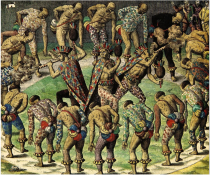 Théodore de Bry (1528-1598),  Danse Tupinamba,  Navigatio in Brasilian Americae,  Frankfurt, 1592. Service Historique de la Défense, Vincennes.