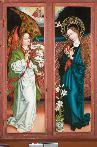 Légende : Martin Schongauer (vers 1430/1450-1491), La Vierge et l’Ange de l’Annonciation, retable de Jean d’Orlier, 1470-1475, huile sur bois, Colmar, musée d’Unterlinden, inv. 88.RP.452