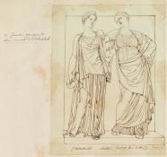 Élie-Honoré Montagny, Deux femmes drapées, copie d'un groupe antique en marbre conservé au musée du Louvre, ancienne collection Borghèse. Album fol. 67, Getty Research Institute Library.