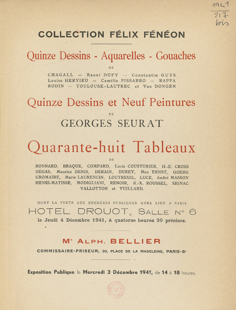 Catalogue de vente de la collection Fénéon, 4 décembre 1941. Paris, bibliothèque de l'INHA, VP 1941/217bis. Cliché INHA 